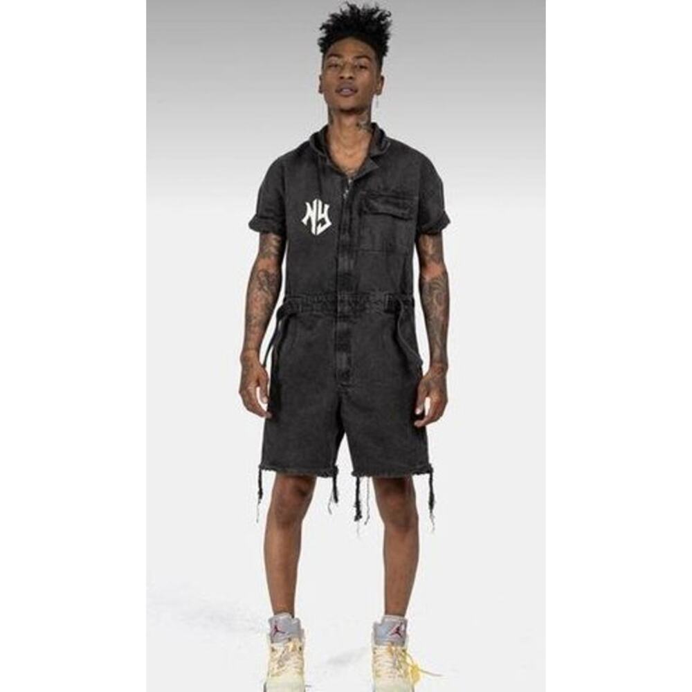 Spirit Jersey Mens Black Utility Denim Romper Distressed Streetwear Size M - Picture 2 of 9